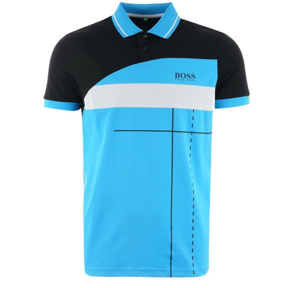Boss Men's Black and Light Blue Polo Shirt